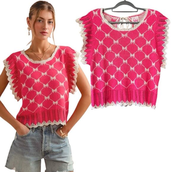SO ME Pink Bow Ribbon Pattern Sweater Top with Back Key Hole Size Large NWT - Picture 4 of 13